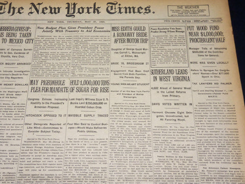 1920 MAY 27 NEW YORK TIMES NEWSPAPER - RODOLFO HERRERA GIVES UP - NT 8681
