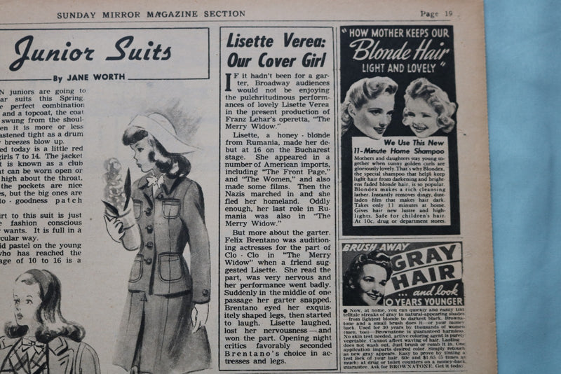 1944 MARCH 12 SUNDAY MIRROR NEWSPAPER MAGAZINE SECTION - LISETTE VEREA - NP 9086