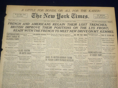 1918 APRIL 22 NEW YORK TIMES- FRENCH AND AMERICANS REGAIN LOST TRENCHES- NT 8220