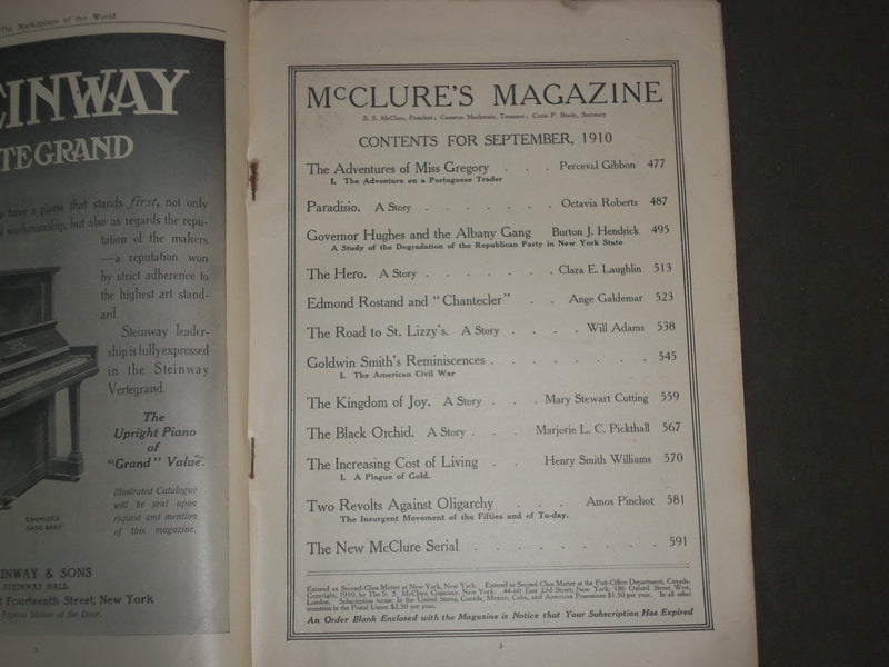 1910 SEPTEMBER MCCLURE'S MAGAZINE - STORIES, ILLUSTRATIONS & ADS - B 4601