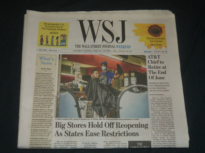 2020 APRIL 25-26 THE WALL STREET JOURNAL NEWSPAPER - BIG STORES HOLD OFF REOPEN