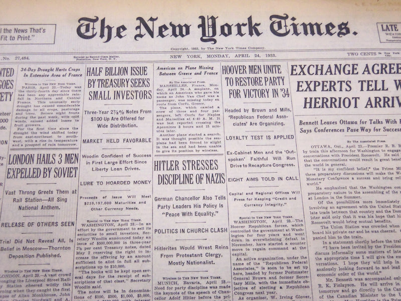 1933 APRIL 24 NEW YORK TIMES - HITLER STRESSES DISCIPLINE OF NAZIS - NT 5243