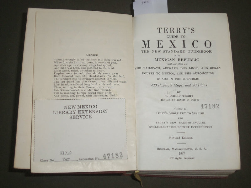 1947 TERRY'S GUIDE TO MEXICO BOOK - NEW STANDARD - NICE FOLD-OUT MAP - KD 4571