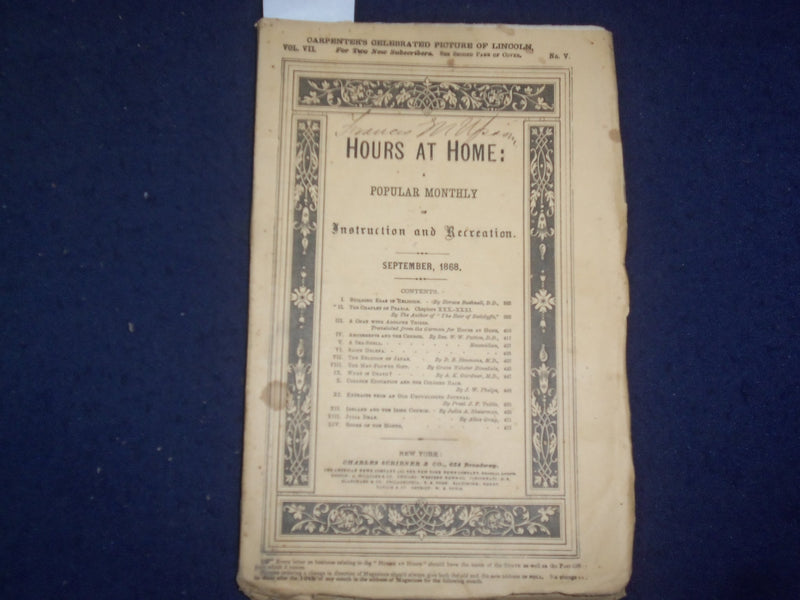 1868 JAN-SEP-NOV HOURS AT HOME MONTHLY MAGAZINE - LOT OF 3 - J 9796