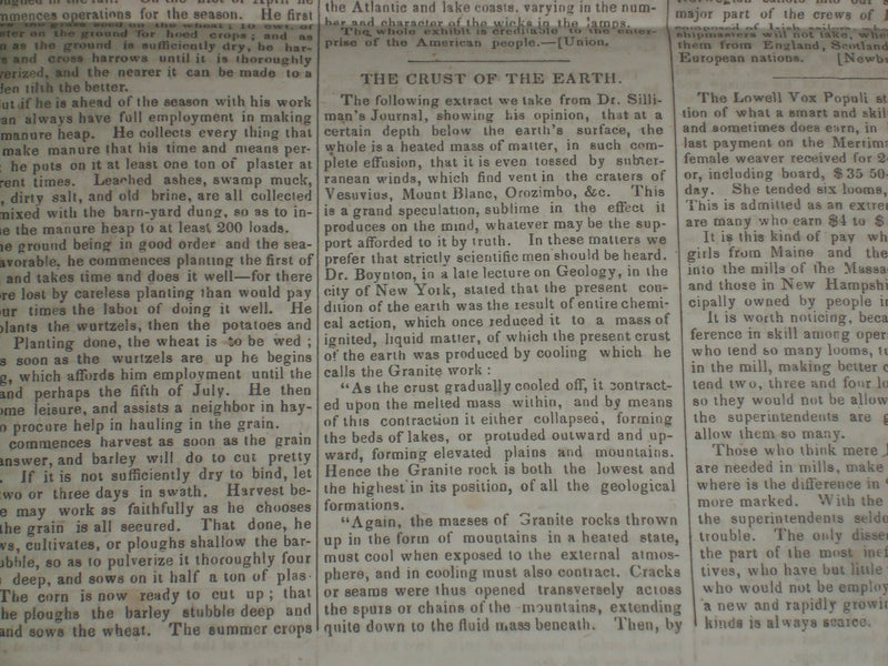 1849 SEPTEMBER 1 MASSACHUSETTS PLOUGHMAN NEWSPAPER - EARTH'S CRUST - NP 5172