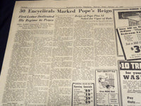 1939 FEBRUARY 10 JOURNAL EVERY EVENING NEWSPAPER - POPE PIUS DIES - NT 9447