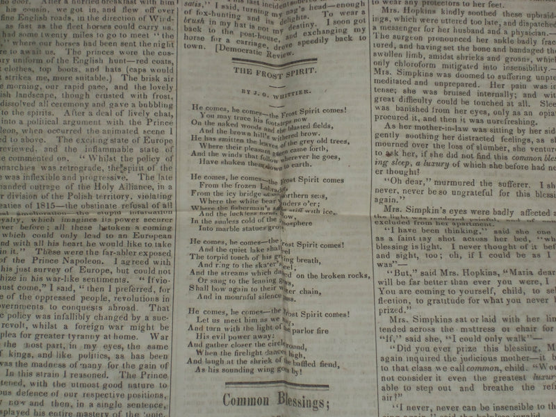 1849 JANUARY 13 MASSACHUSETTS PLOUGHMAN- THE FROST SPIRIT-J.G. WHITTIER- NP 5160