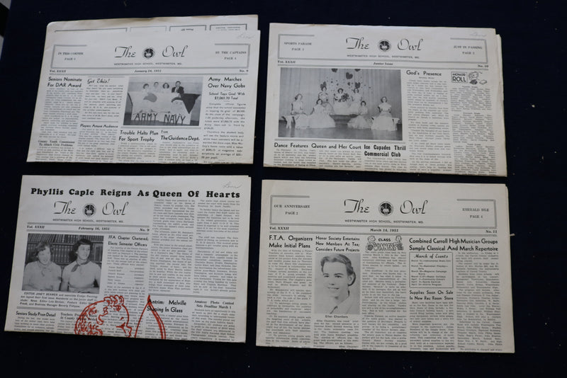 1949-1954 THE OWL NEWSPAPER - WESTMINSTER (MD) HIGH SCHOOL - LOT OF 48 - NP 8905
