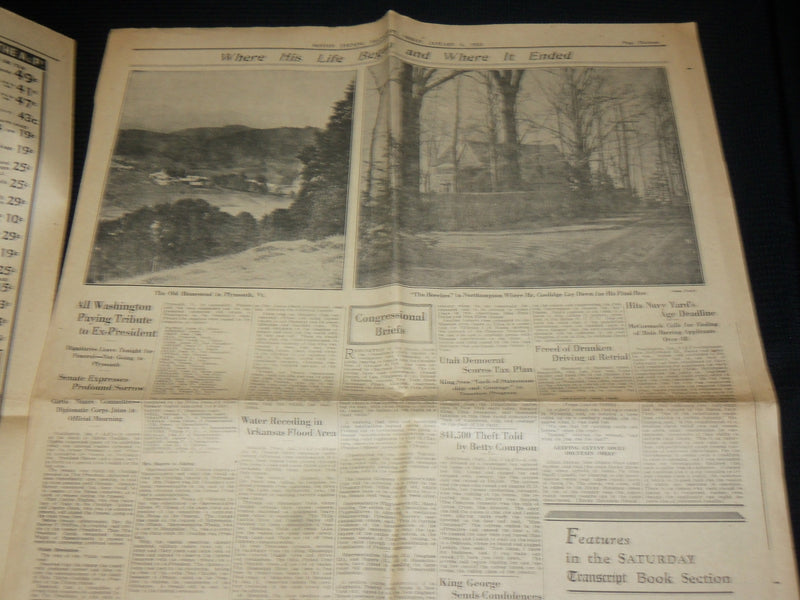 1933 JANUARY 6 BOSTON TRANSCRIPT NEWSPAPER - WORLD MOURNS COOLIDGE- NP 4251F