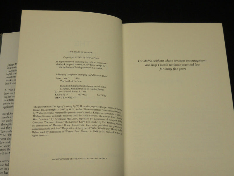 1975 THE DEATH OF THE LAW HARDCOVER BOOK INSCRIBED BY LOIS FORER - D 525