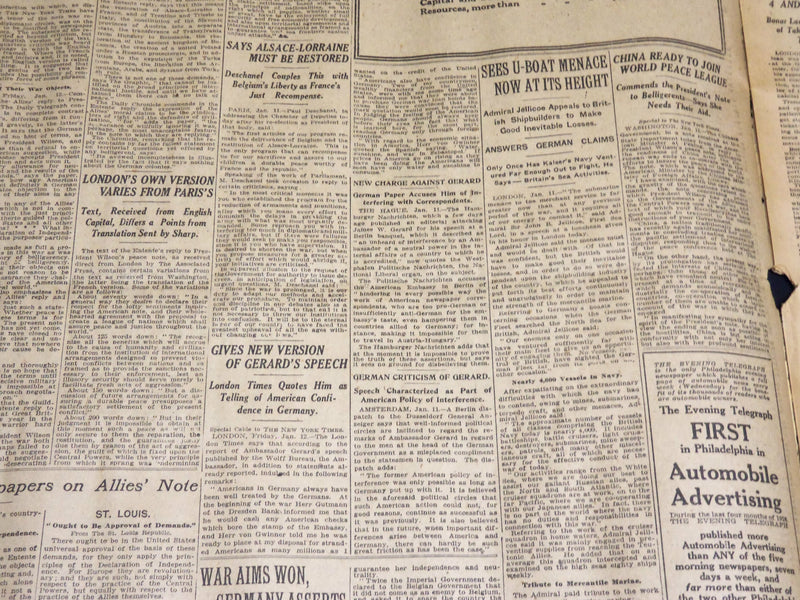1917 JANUARY 12 NEW YORK TIMES NEWSPAPER - ALLIES TERMS OF PEACE - NT 8742