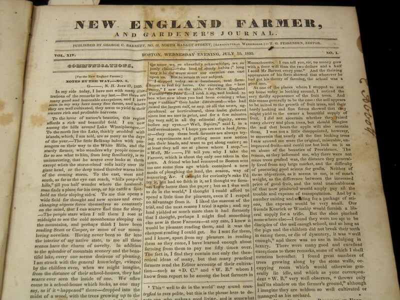 1835-1836 THE NEW ENGLAND FARMER & GARDENER'S JOURNAL BOUND VOLUME - KD 944K