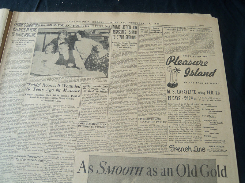 1933 FEB 16 PHILADELPHIA RECORD NEWSPAPER-ROOSEVELT FIRED ON BY ZANGARA- NT 7261