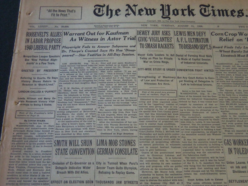 1936 AUGUST 11 NEW YORK TIMES - WARRANT OUT FOR KAUFMAN IN ASTOR TRIAL - NT 6720