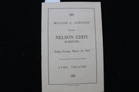 1941 MARCH 14 NELSON EDDY CONCERT PROGRAM & STUB - LYRIC THEATRE - K 2803