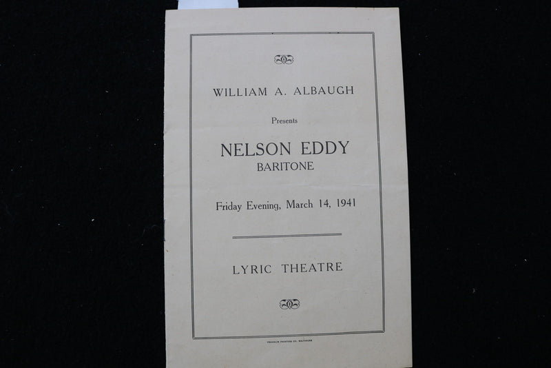 1941 MARCH 14 NELSON EDDY CONCERT PROGRAM & STUB - LYRIC THEATRE - K 2803
