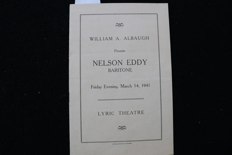 1941 MARCH 14 NELSON EDDY CONCERT PROGRAM & STUB - LYRIC THEATRE - K 2803