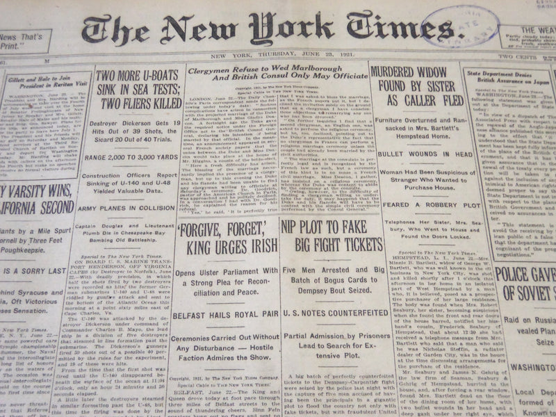 1921 JUNE 23 NEW YORK TIMES - NIP PLOT TO FAKE BIG FIGHT TICKETS - NT 5488