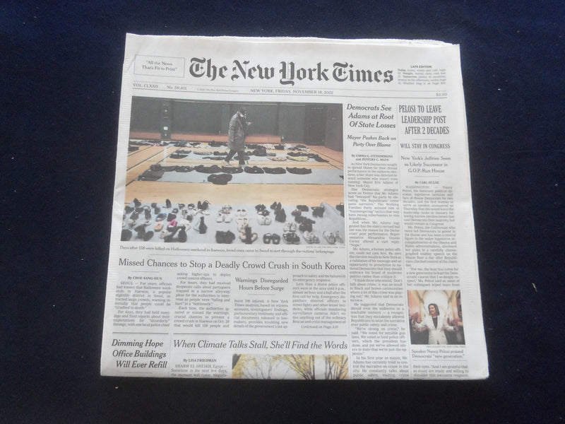 2022 NOVEMBER 18 NEW YORK TIMES -PELOSI TO LEAVE LEADERSHIP POST AFTER 2 DECADES