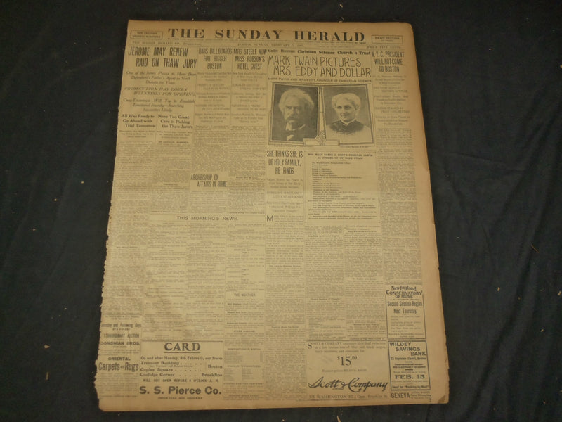 1907 FEBRUARY 3 THE BOSTON HERALD- MARK TWAIN PICTURES MRS. EDDY & DOLLAR- BH 29