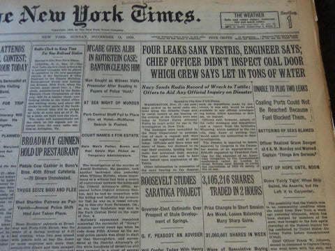 1928 NOV 18 NEW YORK TIMES - FOUR LEAKS SANK VESTRIS ENGINEER SAYS - NT 6513