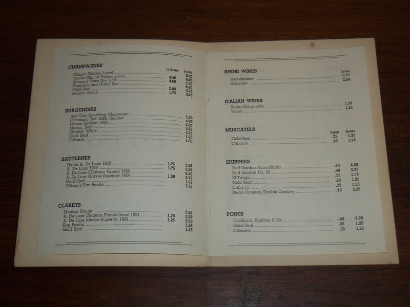 1930'S CIRCUS ROOM WINE LIST - HOTEL BRADFORD - BOSTON - K 1175