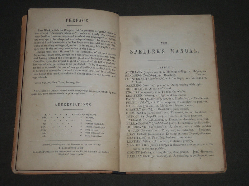 1867 THE SPELLER'S MANUAL TESTWOODS BY WILLIAM W. SMITH HARDCOVER BOOK - KD 4476
