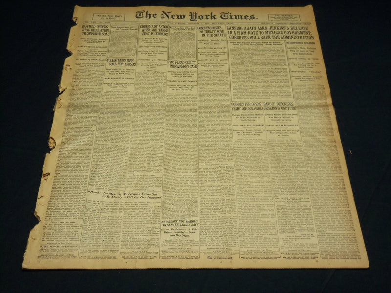 1919 DECEMBER 2 NEW YORK TIMES - LANSING ASKS FOR JENKINS RELEASE - NT 7944