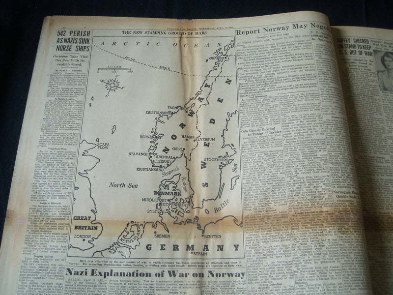 1940 APRIL 10 PHILADELPHIA RECORD NEWSPAPER - GREAT SEA BATTLE RAGES - NT 7248