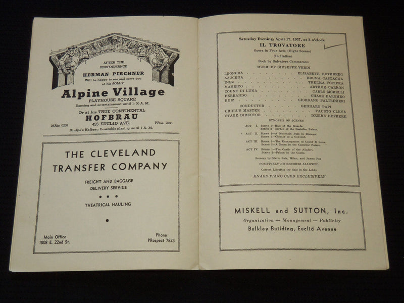 1937 TENTH GRAND OPERA SEASON PROGRAM - CLEVELAND - RUSTICANA - J 8015