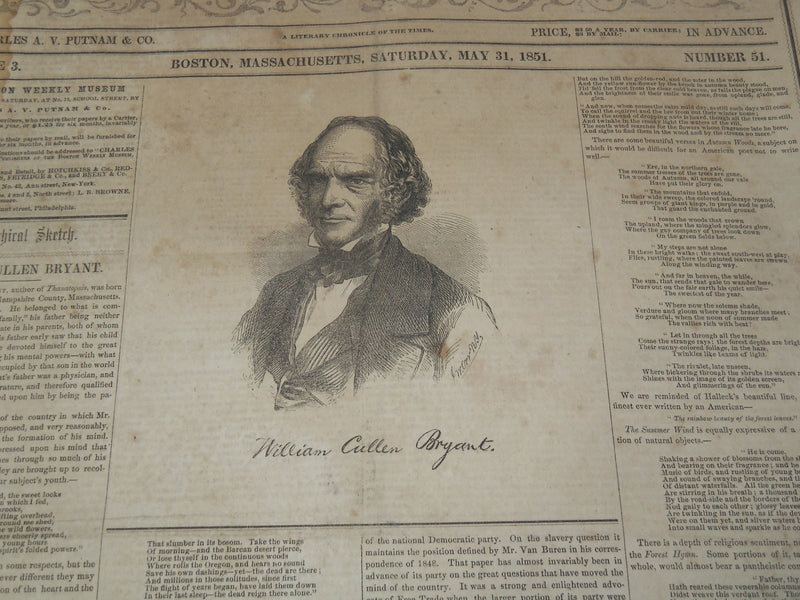 1851 MAY 31 THE BOSTON MUSEUM NEWSPAPER - WILLIAM CULLEN BRYANT - NP 9022