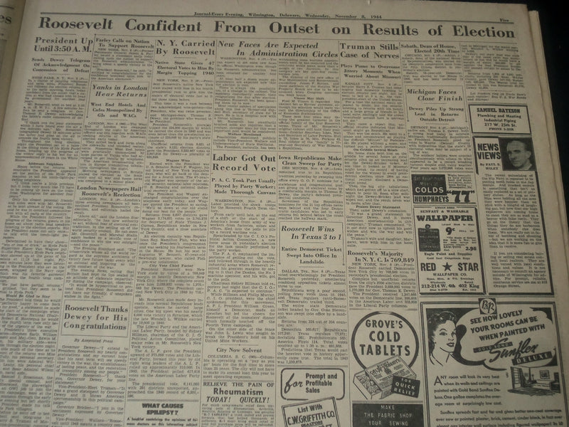 1944 NOVEMBER 8 WILMINGTON JOURNAL - ROOSEVELT CARRIES 34 STATES TO WIN- NT 7319