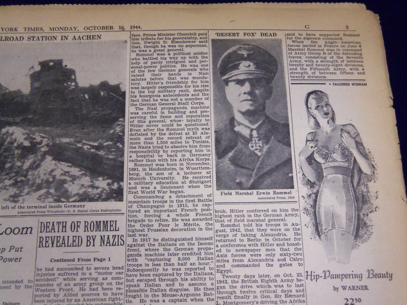 1944 OCT 16 NEW YORK TIMES - ROMMEL DEATH REVEALED BY NAZIS - NT 2804