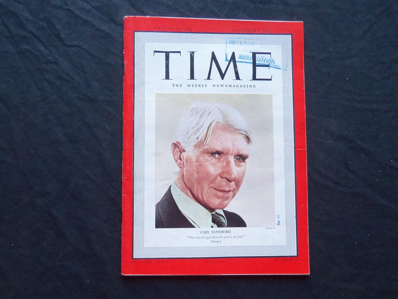 1939 DECEMBER 4 TIME MAGAZINE - CARL SANDBURG - T 689
