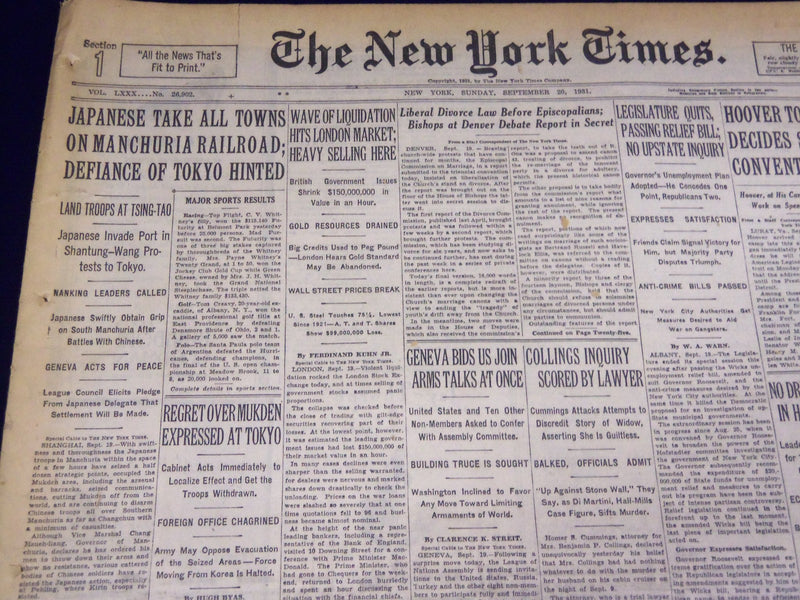 1931 SEPTEMBER 20 NEW YORK TIMES - JAPANESE TAKE TOWNS IN MANCHORIA - NT 3924