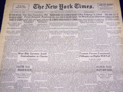 1948 NOVEMBER 27 NEW YORK TIMES - PALESTINE TALKS SNAGGED - NT 2917