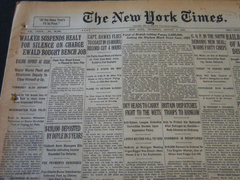 1930 AUG 7 NEW YORK TIMES WALKER SUSPENDS HEALY FOR SILENCE ON EWALD - NT 5694