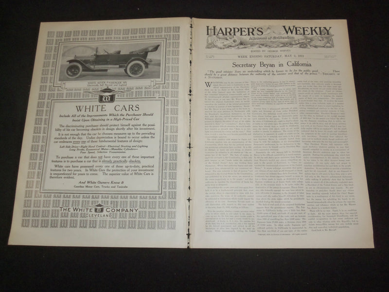 1913 MAY 3 HARPER'S WEEKLY MAGAZINE - SECRETARY BRYAN IN CALIFORNIA - ST 6386