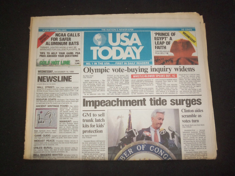 1998 DECEMBER 16 USA TODAY NEWSPAPER - IMPEACHMENT TIDE SURGES - NP 7976