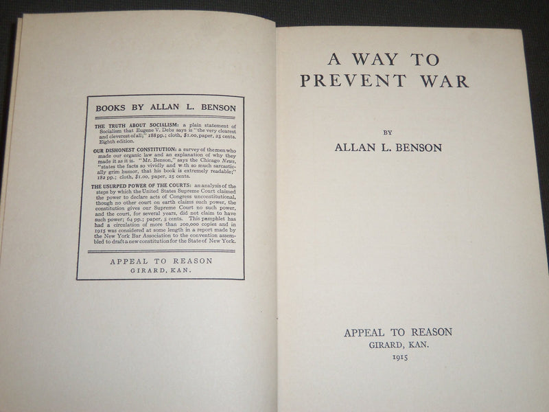 1915 A WAY TO PREVENT WAR BY ALLAN L. BENSON BOOK - KD 5782