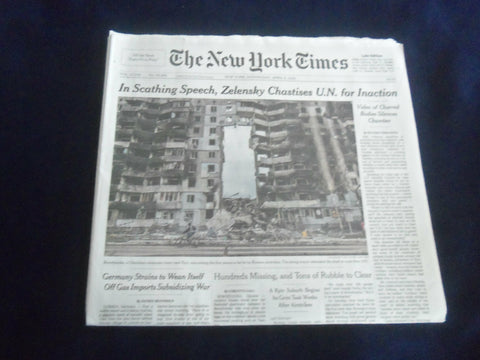 2022 APRIL 6 NEW YORK TIMES - IN SPEECH, ZELENSKY CHASTISES U.N. FOR INACTION