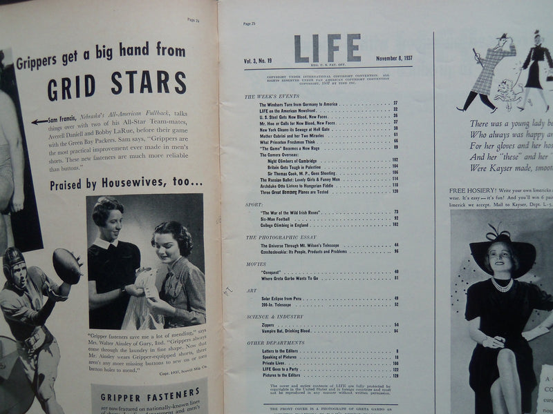 1937 NOVEMBER 8 LIFE MAGAZINE - GRETA GARBO - L 51