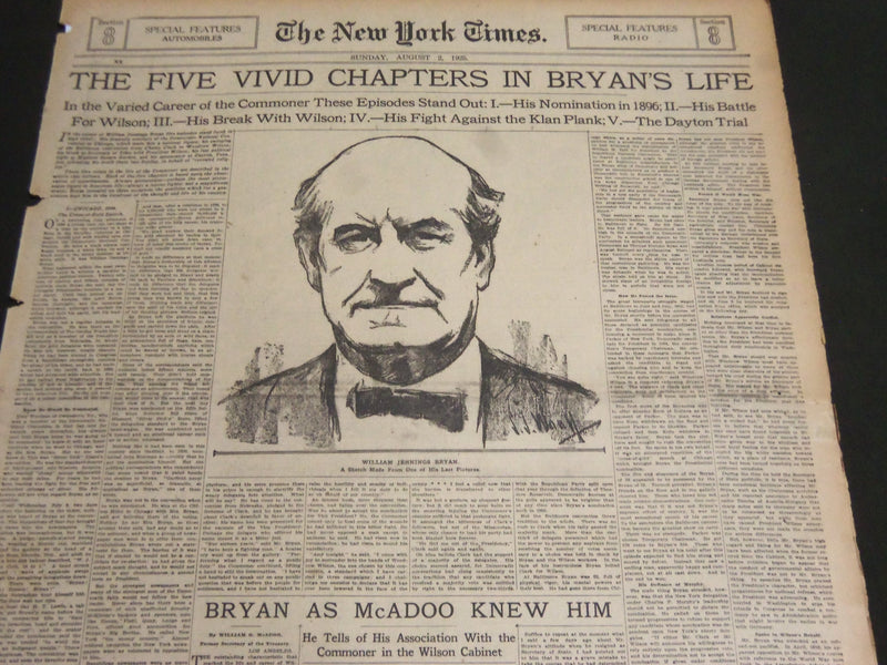 1925 AUG 2 NY TIMES SPECIAL SECTION FIVE VIVID CHAPTERS IN BRYAN'S LIFE- NT 7065