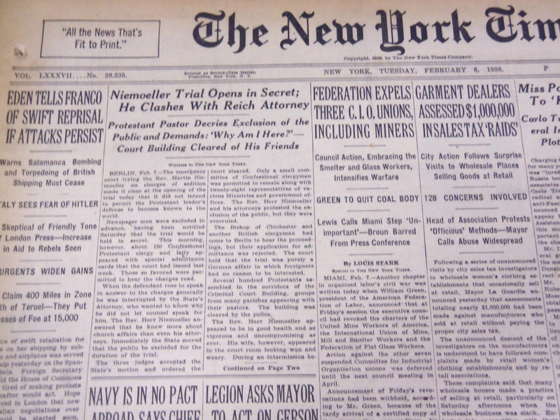 1937 FEBRUARY 8 NEW YORK TIMES - NIEMOELLER TRIAL OPENS IN SECRET - NT 739