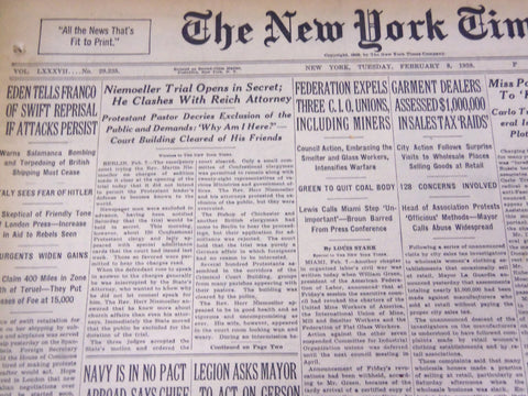 1937 FEBRUARY 8 NEW YORK TIMES - NIEMOELLER TRIAL OPENS IN SECRET - NT 739
