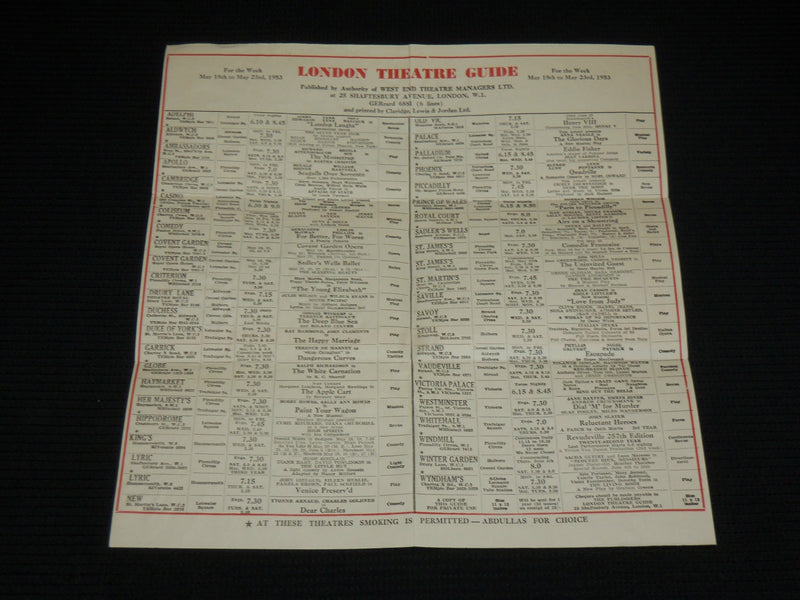 1953 MAY 18-23 LONDON THEATRE GUIDE - LUNT - FONTANNE - J 6965