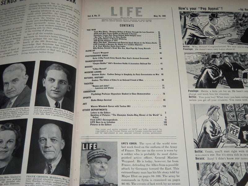1940 MAY 20 LIFE MAGAZINE - FRENCH GENERAL MAXIME WEYGAND COVER - L 183