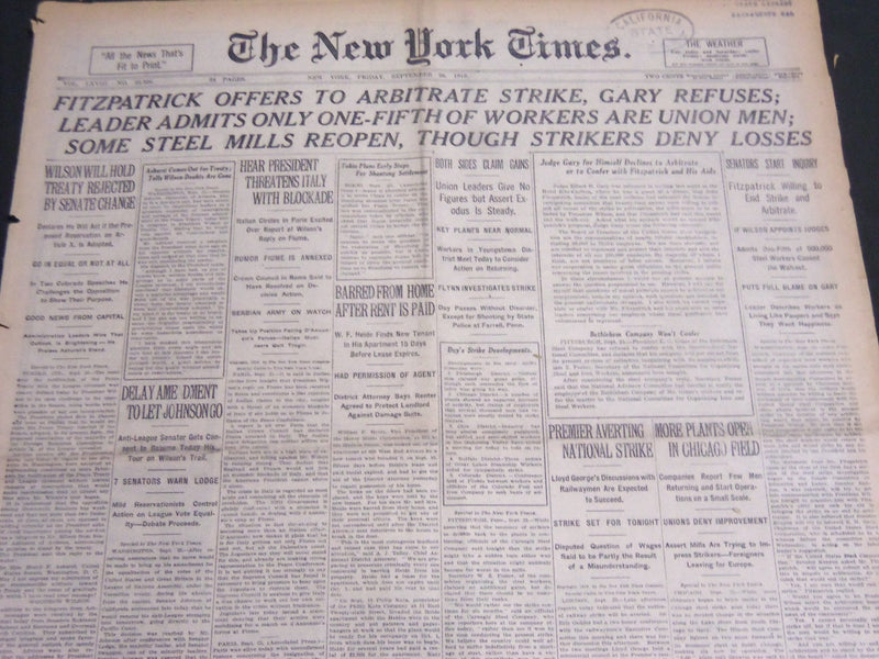1919 SEPTEMBER 26 NEW YORK TIMES FITZPATRICK OFFERS TO ARBITRATE STRIKE- NT 7033
