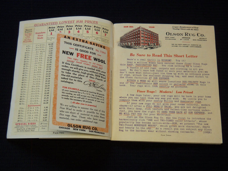 1930'S OLSON RUGS DUO VELVETY RUGS CATALOG - NICE ILLUSTRATIONS - J 7552