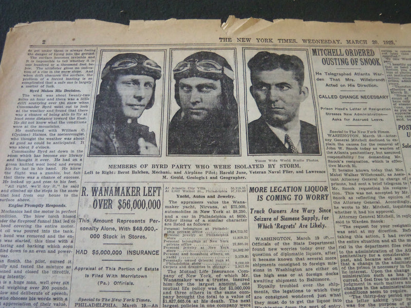 1929 MARCH 20 NEW YORK TIMES - BYRD FLIES TO MOUNTAINS MISSING MEN SAFE- NT 6565